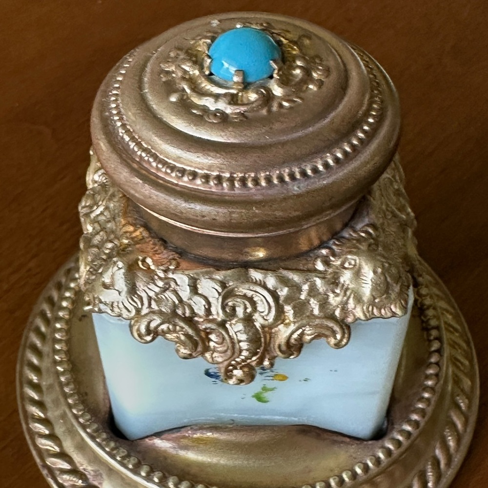 Antique French Opaline Glass And Brass Inkwell w/Jeweled Top - Picture 5 of 10